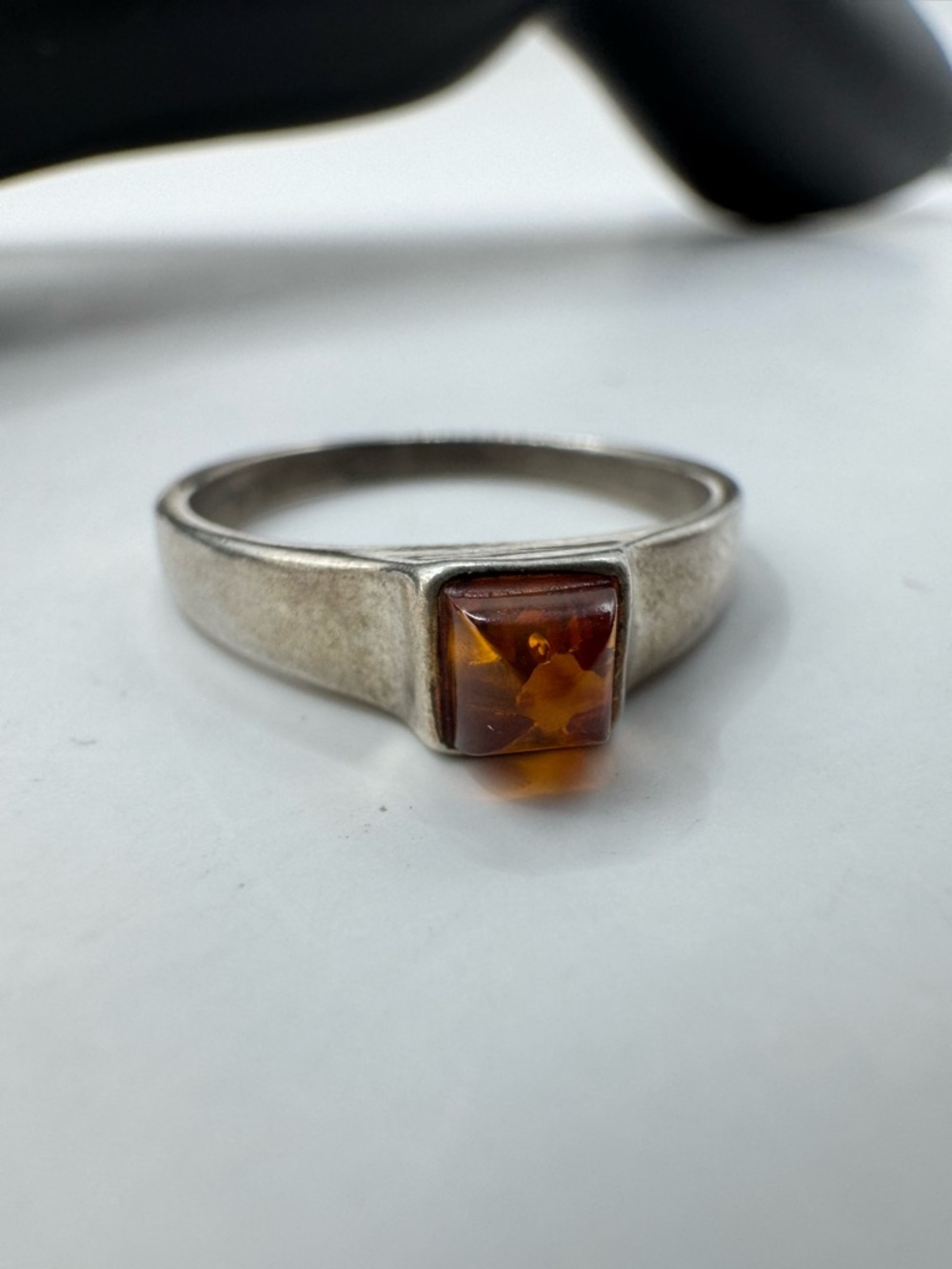 Size 7 Sterling Silver Ring with Amber Square Cabochon
